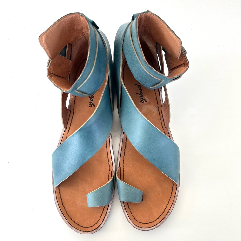 FREE PEOPLE Vale Blue Leather Ankle Buckle Strap Flat Boot Sandals Sz 41 NWOB - Picture 5 of 15